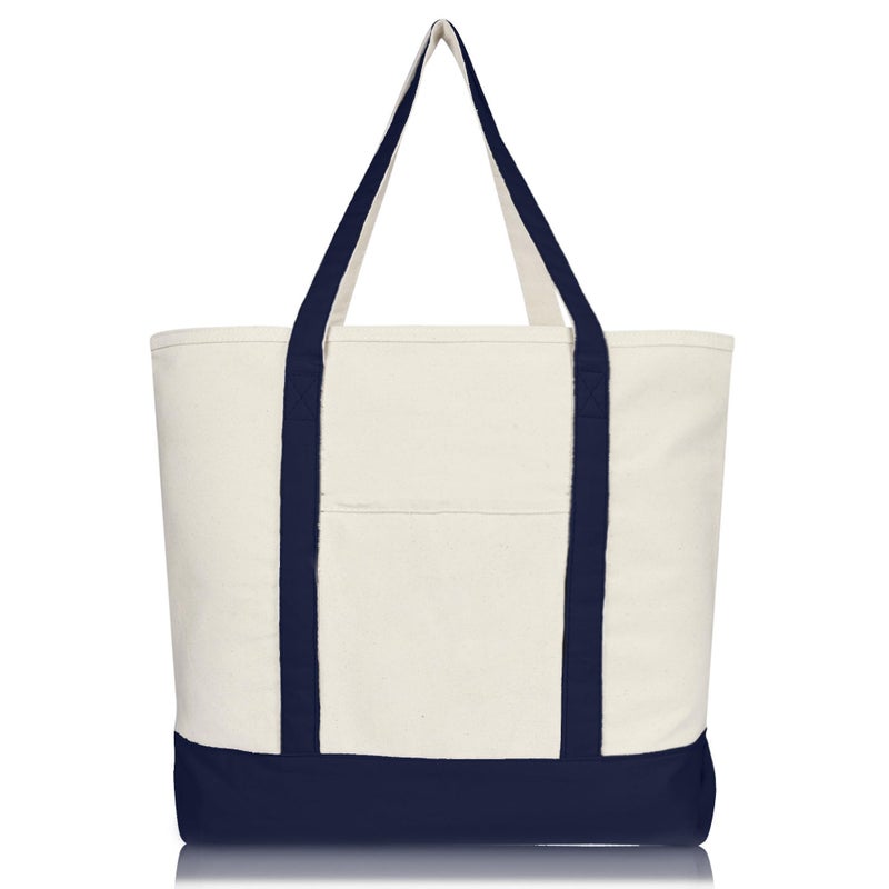 DALIX 22" Large Cotton Canvas Zippered Shopping Tote Grocery Bag in Navy Blue - Image 2